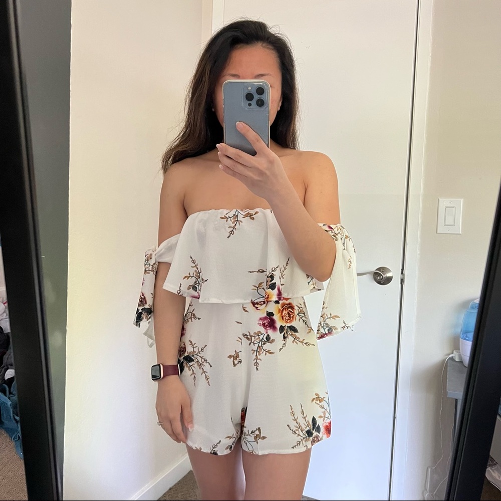 Haute Rogue Floral Off Shoulder Tie Romper